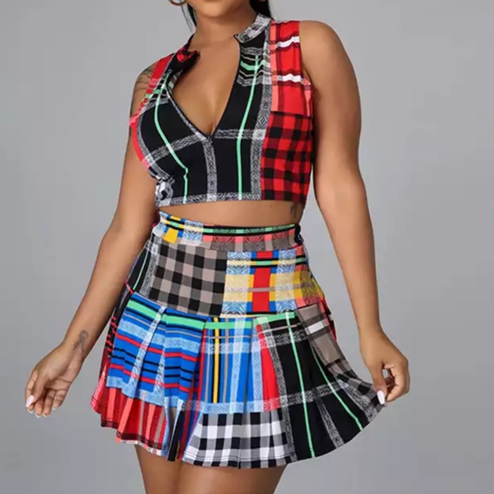 Womens 2 piece plaid summer skater skirt set.